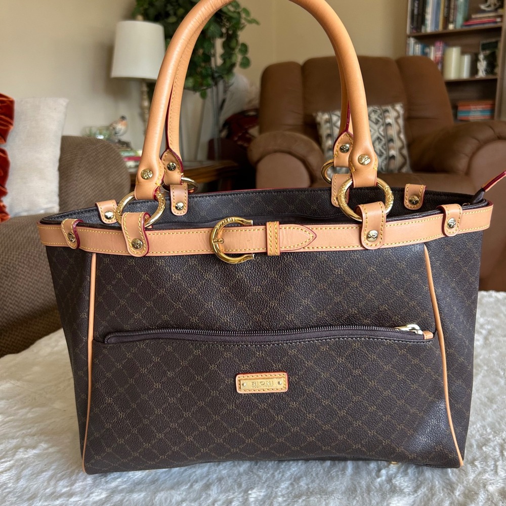 Rioni Moda Italia Tote Bag Brown Monogram Leather Trim Satchel Handbag Classic